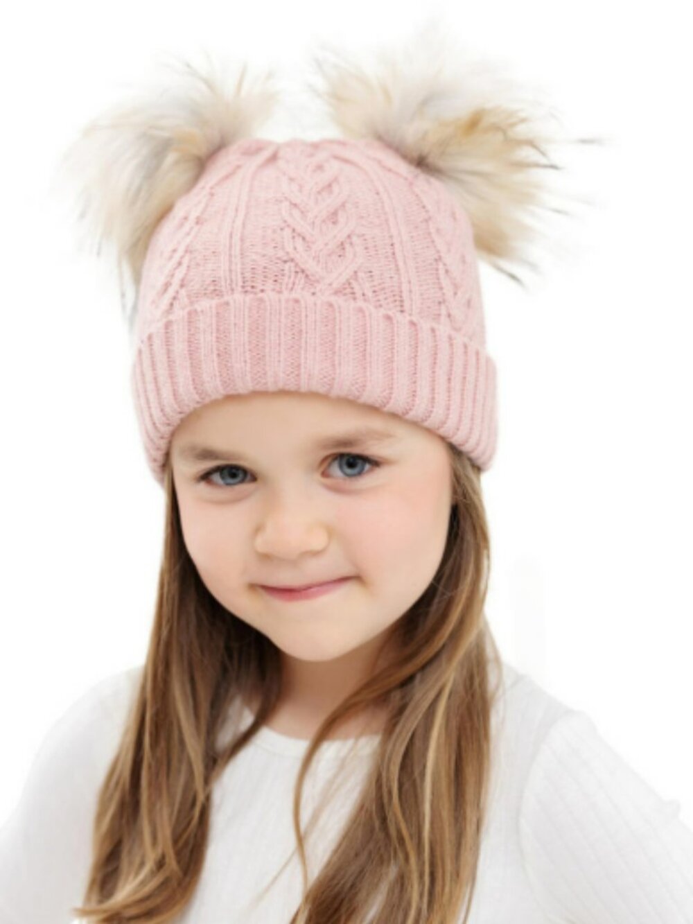 Beanie Hat W/Faux Fur Poms, Girls Cable Knit Pink